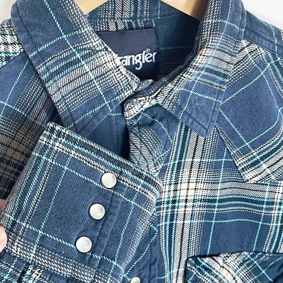 WRANGLER Men’s Blue Plaid Flannel Western Snap Front Shirt Medium - Picture 4 of 5